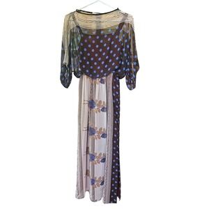 Celeste Vintage Boho Maxi Dress Polka Dot Floral Striped‎ Sheer Overlay Medium